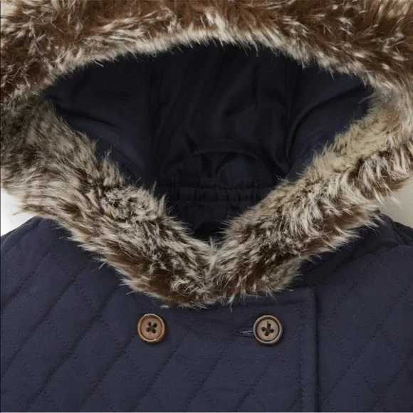 Hope & Harry Navy Lightweight Quilted Coat with Faux-Fur Hood, size Medium